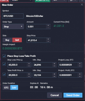 An order page for a stop-loss order